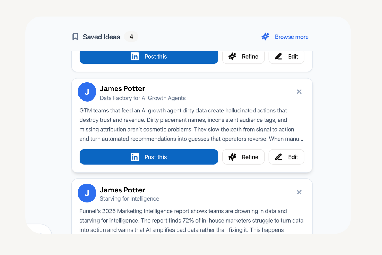 RevScope saved ideas view showing ready-to-publish posts